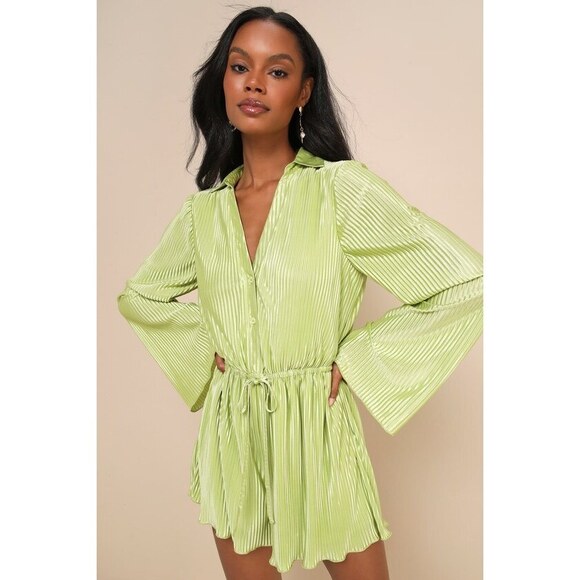 Lulus Pants - Lulus Chartreuse Satin Plisse Long Sleeve Romper Green NEVER WORN